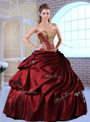 Gorgeous Ball Gown Taffeta Wine Red Quinceanera Gowns with Pick Ups