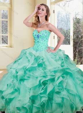 Lovely Ball Gown Appliques and Ruffles Turquoise Sweet 16 Dresses