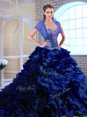 Perfect Brush Train Ruffles and Appliques Quinceanera Dresses in Royal Blue