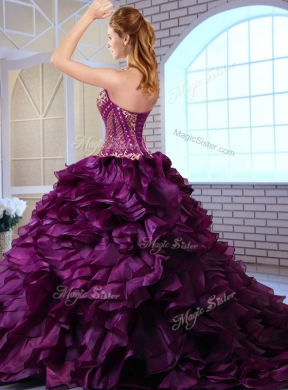 Wonderful Brush Train Dark Purple Sweet 16 Dresses with Ruffles and Appliques