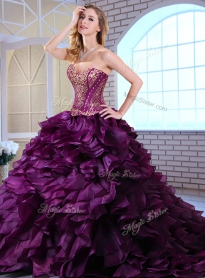 Wonderful Brush Train Dark Purple Sweet 16 Dresses with Ruffles and Appliques