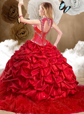 Fashionable Red Sweet 16 Dresses with Beading and Pick Ups