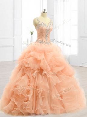 Custom Made Straps Beading and Ruffles Quinceanera Dresses in Peach