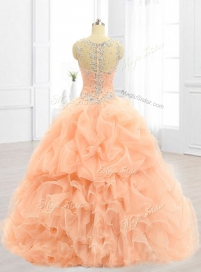 Custom Made Straps Beading and Ruffles Quinceanera Dresses in Peach