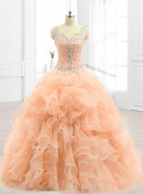 Custom Made Straps Beading and Ruffles Quinceanera Dresses in Peach