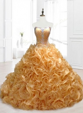 In Stock Sweetheart Rolling Flowers Brush Train Quinceanera Dresses with Beading