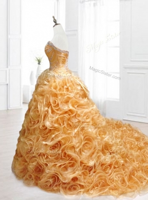 In Stock Sweetheart Rolling Flowers Brush Train Quinceanera Dresses with Beading