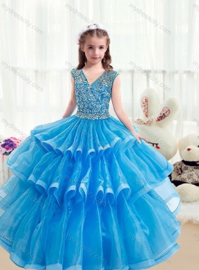 2016 Pretty V Neck Baby Blue  Mini Quinceanera  Dresses with Ruffled Layers