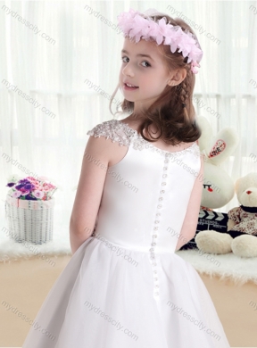 2016 Cheap Cap Sleeves Flower Girl Dresses with Beading and Appliques