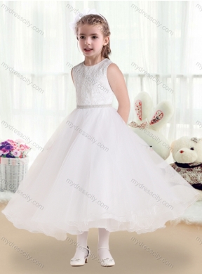 2016 Cheap Scoop Tea Length Flower Girl Dresses with Lace