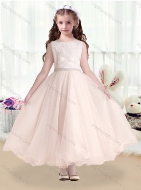 2016 Cheap Scoop Tea Length Flower Girl Dresses with Lace