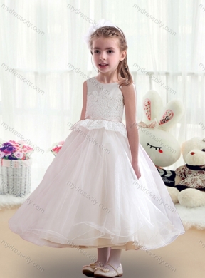 2016 Cheap Tea Length White Flower Girl Dresses with Appliques