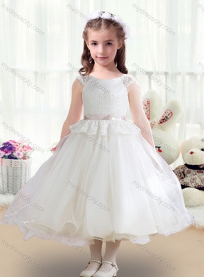 2016 Cheap Tea Length White Flower Girl Dresses with Appliques