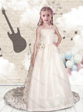 2016 Elegant Empire Spaghetti Straps Brush Train Flower  Little Girls Pageant Dresses