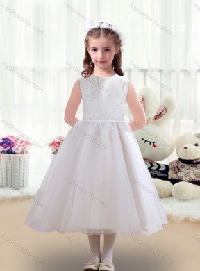 2016 Cheap Ruching Tea Length Scoop Flower Girl Dresses