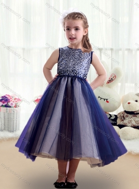 2016 Cheap Ruching Tea Length Scoop Flower Girl Dresses