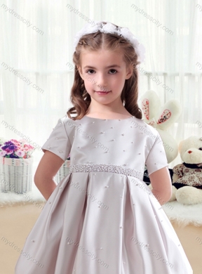 2016 Cheap Short Sleeves Satin Flower Girl Dresses with Beading