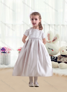 2016 Cheap Short Sleeves Satin Flower Girl Dresses with Beading