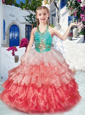 2016 Classical Halter Top Little Girl Pageant Dresses with Ruffled Layers and Beading