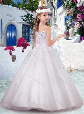 Cheap Spaghetti Straps Flower Girl Dresses with Appliques and Bubles