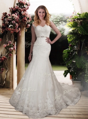 Elegant Mermaid Scoop Wedding Dresses with Beading and Belt