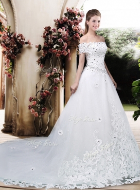 2016 Perfect Off the Shoulder Appliques Wedding Dresses with Cap Sleeves