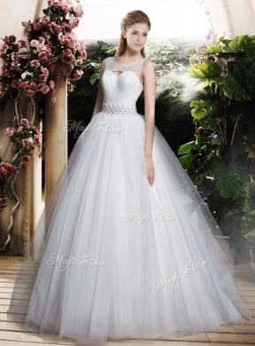 2016 Simple A Line Scoop Wedding Dresses with Beading and Belt