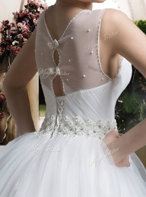 2016 Simple A Line Scoop Wedding Dresses with Beading and Belt