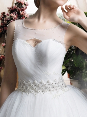 2016 Simple A Line Scoop Wedding Dresses with Beading and Belt