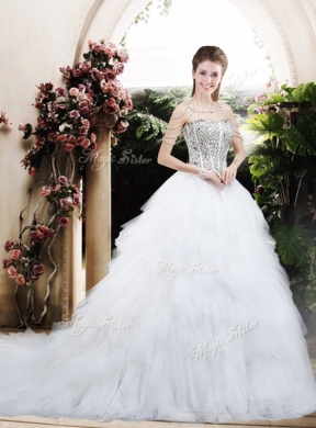 Beautiful Ball Gown Chapel Train Wedding Dresses with Beading and Ruffles