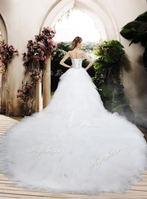 Beautiful Ball Gown Chapel Train Wedding Dresses with Beading and Ruffles