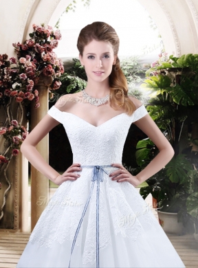 Cheap Off the Shoulder Wedding Dresses with Appliques and Belt