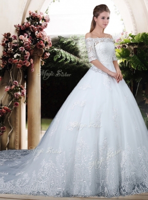 Elegant Ball Gown Off the Shoulder Lace Chapel Train Wedding Dresses with Half Sleeves