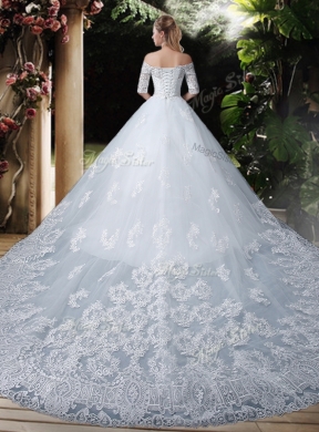 Elegant Ball Gown Off the Shoulder Lace Chapel Train Wedding Dresses with Half Sleeves