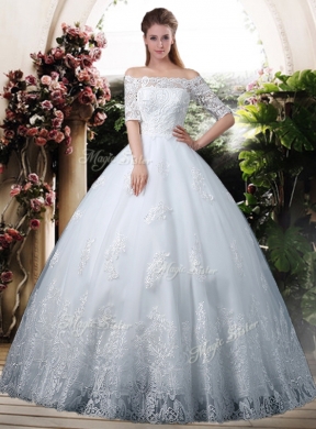 Elegant Ball Gown Off the Shoulder Lace Chapel Train Wedding Dresses with Half Sleeves