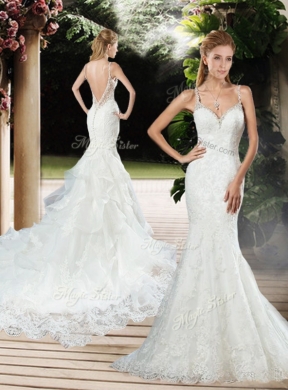 Elegant Straps Beaded and Lace Wedding Dresses with Court Train