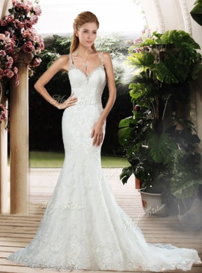 Elegant Straps Beaded and Lace Wedding Dresses with Court Train