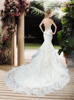 Elegant Straps Beaded and Lace Wedding Dresses with Court Train