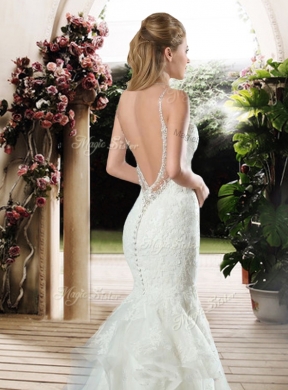 Elegant Straps Beaded and Lace Wedding Dresses with Court Train