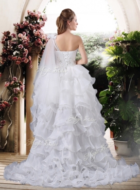 Inexpensive One Shoulder High Low Wedding Dresses with Ruffled Layers