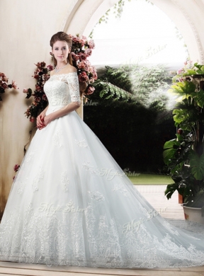 Latest A Line Off the Shoulder Half Sleeves Wedding Dresses with Appliques