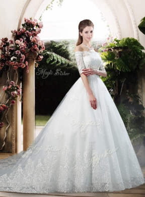 Latest A Line Off the Shoulder Half Sleeves Wedding Dresses with Appliques