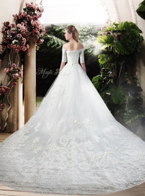 Latest A Line Off the Shoulder Half Sleeves Wedding Dresses with Appliques