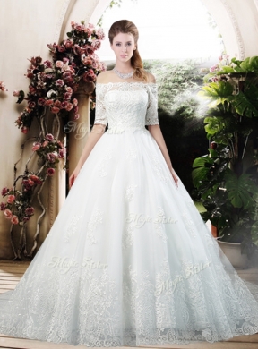 Latest A Line Off the Shoulder Half Sleeves Wedding Dresses with Appliques