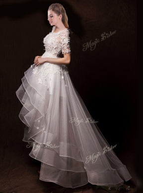 Latest Appliques High Low Wedding Dresses with Short Sleeves