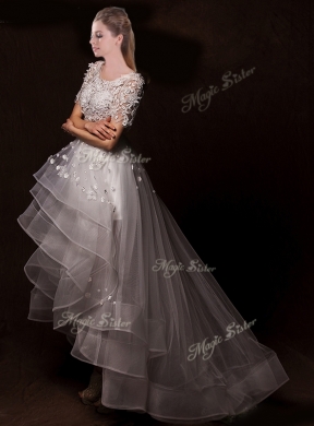 Latest Appliques High Low Wedding Dresses with Short Sleeves