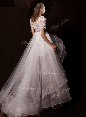 Latest Appliques High Low Wedding Dresses with Short Sleeves