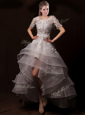 Latest Appliques High Low Wedding Dresses with Short Sleeves