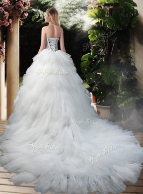 Latest Beading and Ruffles Wedding Dresses with Court Train