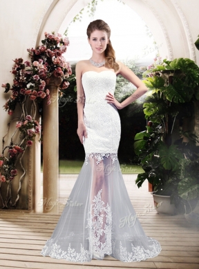 Latest Column Sweetheart Lace Wedding Dresses with Brush Train